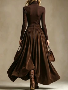 Glimmora Vintage Brown Corduroy Skirt With Elastic Waist And Flared Hem For Women - Coffee Brown - View 2