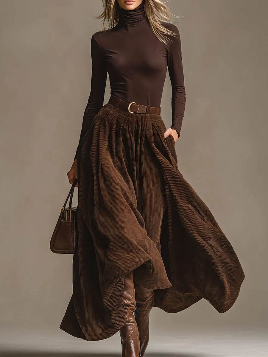 Glimmora Rok Korduroi Cokelat Vintage dengan Pinggang Elastis dan Bagian Bawah Mengembang untuk Wanita - Coffee Brown - View 1