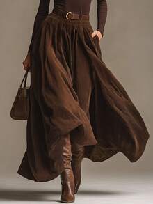 Glimmora Vintage Brown Corduroy Skirt With Elastic Waist And Flared Hem For Women - Coffee Brown - View 1