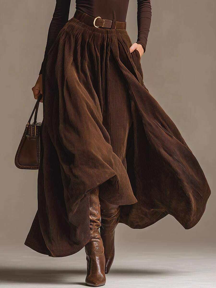 Glimmora Vintage Brown Corduroy Skirt With Elastic Waist And Flared Hem For Women - Coffee Brown - View 1