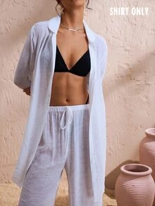 Swim Chiccia 女款度假海灘寬鬆輕盈透視襯衫罩衫，休閒和服風外套 - 白色 - 查看 3