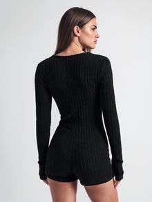 SHAPORA Women's Button Front Long Sleeve Romper, Home Wear Cozy And Elegant Details, For Outfit, Fall & Winter - Black - View 3