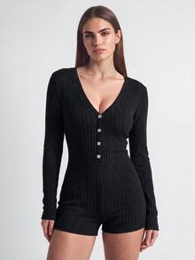 SHAPORA Women's Button Front Long Sleeve Romper, Home Wear Cozy And Elegant Details, For Outfit, Fall & Winter - Black - View 5