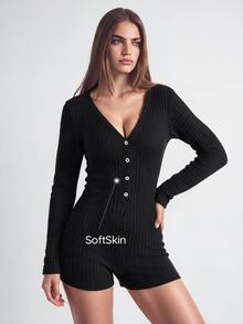 SHAPORA Women's Button Front Long Sleeve Romper, Home Wear Cozy And Elegant Details, For Outfit, Fall & Winter - Black - View 7
