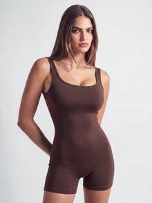 SHAPORA Women's Solid Color Square Collar Tank Top Jumpsuit Romper - Rust Brown - View 4