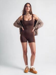 SHAPORA Women's Solid Color Square Collar Tank Top Jumpsuit Romper - Rust Brown - View 7