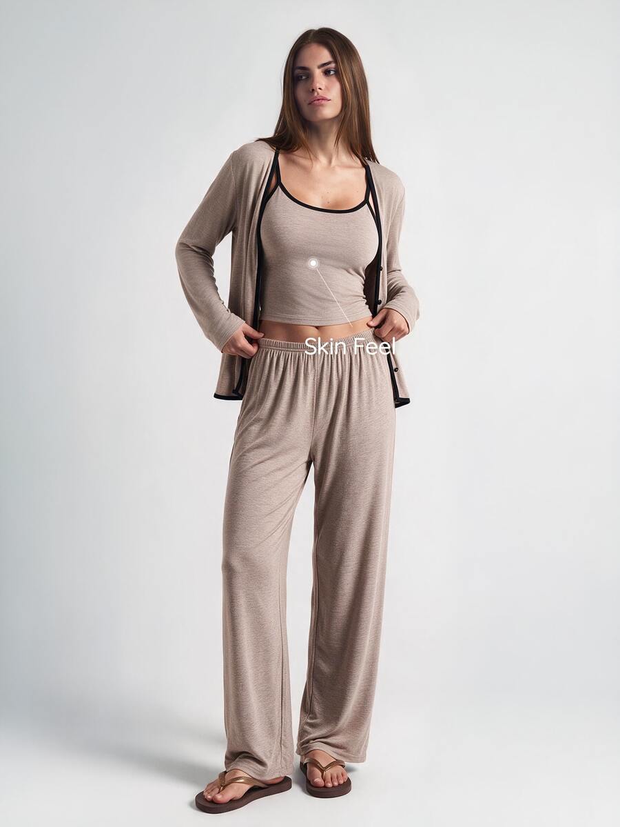 SHAPORA 3pcs Women Casual Solid Color Fitted Long Sleeve Robe, Camisole Top And Pants Loungewear Set, Cozy Outfit, Fall Winter Clothes - Khaki - View 1