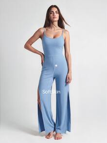 SHAPORA Women's Casual Solid Color Racerback Jumpsuit Loungewear - Blue - View 5