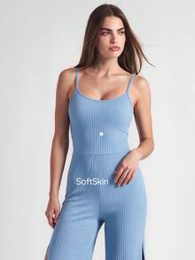 SHAPORA Women's Casual Solid Color Racerback Jumpsuit Loungewear - Blue - View 1