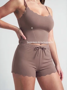 SHAPORA 女士弧形下摆吊带背心和短裤家居服套装，休闲装 - 棕色 - 查看 6