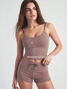 SHAPORA 女士弧形下摆吊带背心和短裤家居服套装，休闲装 - 棕色 - 查看 1