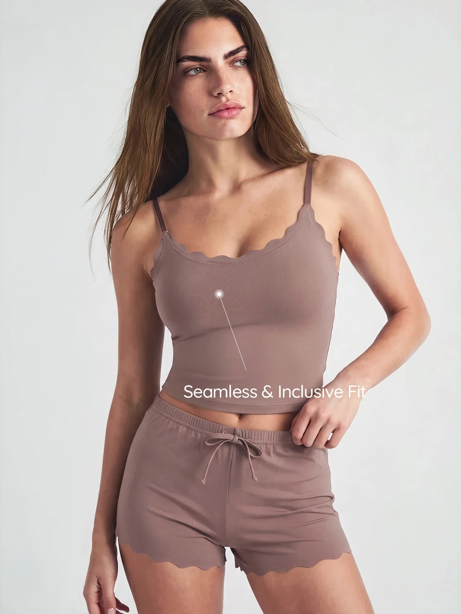 SHAPORA 女士弧形下摆吊带背心和短裤家居服套装,休闲装 - 棕色 - 查看 1