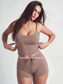 SHAPORA 女士弧形下摆吊带背心和短裤家居服套装，休闲装 - 棕色 - 查看 4