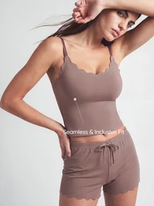 SHAPORA 女士弧形下摆吊带背心和短裤家居服套装，休闲装 - 棕色 - 查看 2