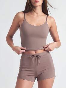 SHAPORA 女士弧形下摆吊带背心和短裤家居服套装，休闲装 - 棕色 - 查看 7