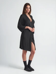 SHAPORA Leisure Leisure Ultra Soft Solid Robe, Blended Fabric, Silky, Can Be Paired With Any Basic Holiday Season Cozy And Elegant, For Fall & Winter Outfit - Black - View 5