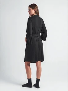 SHAPORA Leisure Leisure Ultra Soft Solid Robe, Blended Fabric, Silky, Can Be Paired With Any Basic Holiday Season Cozy And Elegant, For Fall & Winter Outfit - Black - View 3