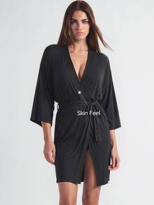 SHAPORA Leisure Leisure Ultra Soft Solid Robe, Blended Fabric, Silky, Can Be Paired With Any Basic Holiday Season Cozy And Elegant, For Fall & Winter Outfit - Black - View 7