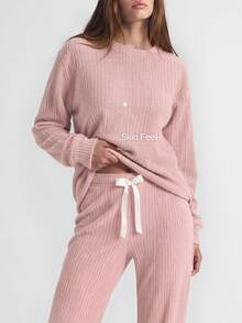 SHAPORA 2pcs Solid Color Sherpa Crew Neck Long Sleeve Top And Pants Fluffy Pajama Set Cozy Outfit, Fall Winter Clothes - Pink - View 5
