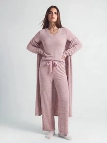 SHAPORA V-Neck Short Sleeve T-Shirt And Bowknot Detail Pants And Robe Homewear Lounge Set Cozy Outfit, Fall Winter Clothes - Baby Pink - View 4