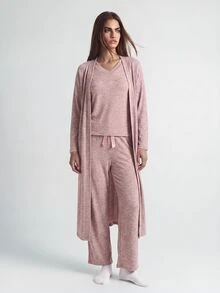 SHAPORA V-Neck Short Sleeve T-Shirt And Bowknot Detail Pants And Robe Homewear Lounge Set Cozy Outfit, Fall Winter Clothes - Baby Pink - View 6