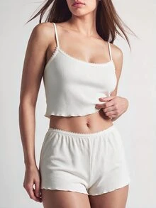 SHAPORA 生菜花边吊带背心和短裤白色套装 - 白色 - 查看 7