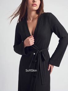 SHAPORA 女士纯色长袖系带浴袍，家居服，舒适保暖，秋冬款 - 黑色 - 查看 1
