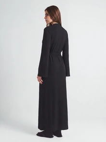 SHAPORA 女士纯色长袖系带浴袍，家居服，舒适保暖，秋冬款 - 黑色 - 查看 2