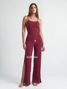 SHAPORA Women's Strap Rib Jumpsuit Home Wear - Burgundy - View 4