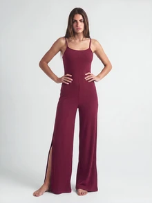 SHAPORA Women's Strap Rib Jumpsuit Home Wear - Burgundy - View 3
