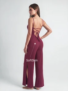 SHAPORA Women's Strap Rib Jumpsuit Home Wear - Burgundy - View 2