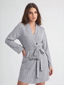 SHAPORA Women's Casual Light Grey Rib Knit V Neck Thigh Length Robe With Belt And Pockets Comfortable Loungewear Cozy And Elegant Details, For Outfit - Light Grey - View 1