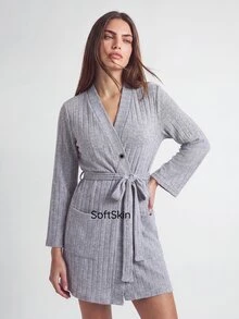 SHAPORA Women's Casual Light Grey Rib Knit V Neck Thigh Length Robe With Belt And Pockets Comfortable Loungewear Cozy And Elegant Details, For Outfit - Light Grey - View 2