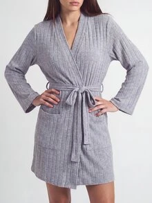 SHAPORA Women's Casual Light Grey Rib Knit V Neck Thigh Length Robe With Belt And Pockets Comfortable Loungewear Cozy And Elegant Details, For Outfit - Light Grey - View 4