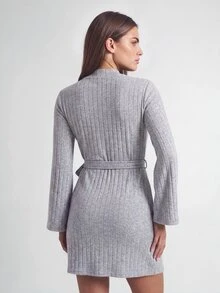 SHAPORA Women's Casual Light Grey Rib Knit V Neck Thigh Length Robe With Belt And Pockets Comfortable Loungewear Cozy And Elegant Details, For Outfit - Light Grey - View 6