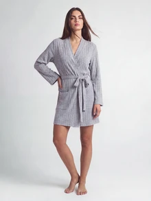 SHAPORA Women's Casual Light Grey Rib Knit V Neck Thigh Length Robe With Belt And Pockets Comfortable Loungewear Cozy And Elegant Details, For Outfit - Light Grey - View 3