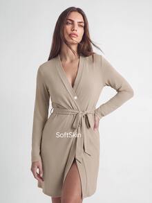 SHAPORA Apricot Deep V Neck Belted Loungewear Robe For Women Casual Thigh Length, Fall & Winter, Cozy Outfits - Apricot - View 7