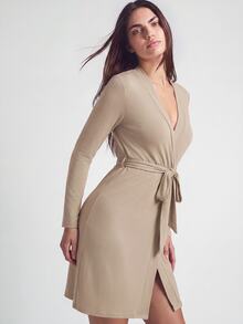 SHAPORA Apricot Deep V Neck Belted Loungewear Robe For Women Casual Thigh Length, Fall & Winter, Cozy Outfits - Apricot - View 6