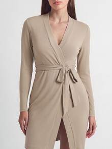SHAPORA Apricot Deep V Neck Belted Loungewear Robe For Women Casual Thigh Length, Fall & Winter, Cozy Outfits - Apricot - View 3