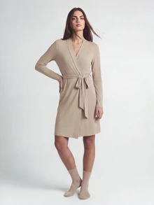 SHAPORA Apricot Deep V Neck Belted Loungewear Robe For Women Casual Thigh Length, Fall & Winter, Cozy Outfits - Apricot - View 4