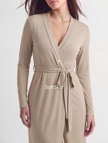 SHAPORA Apricot Deep V Neck Belted Loungewear Robe For Women Casual Thigh Length, Fall & Winter, Cozy Outfits - Apricot - View 1
