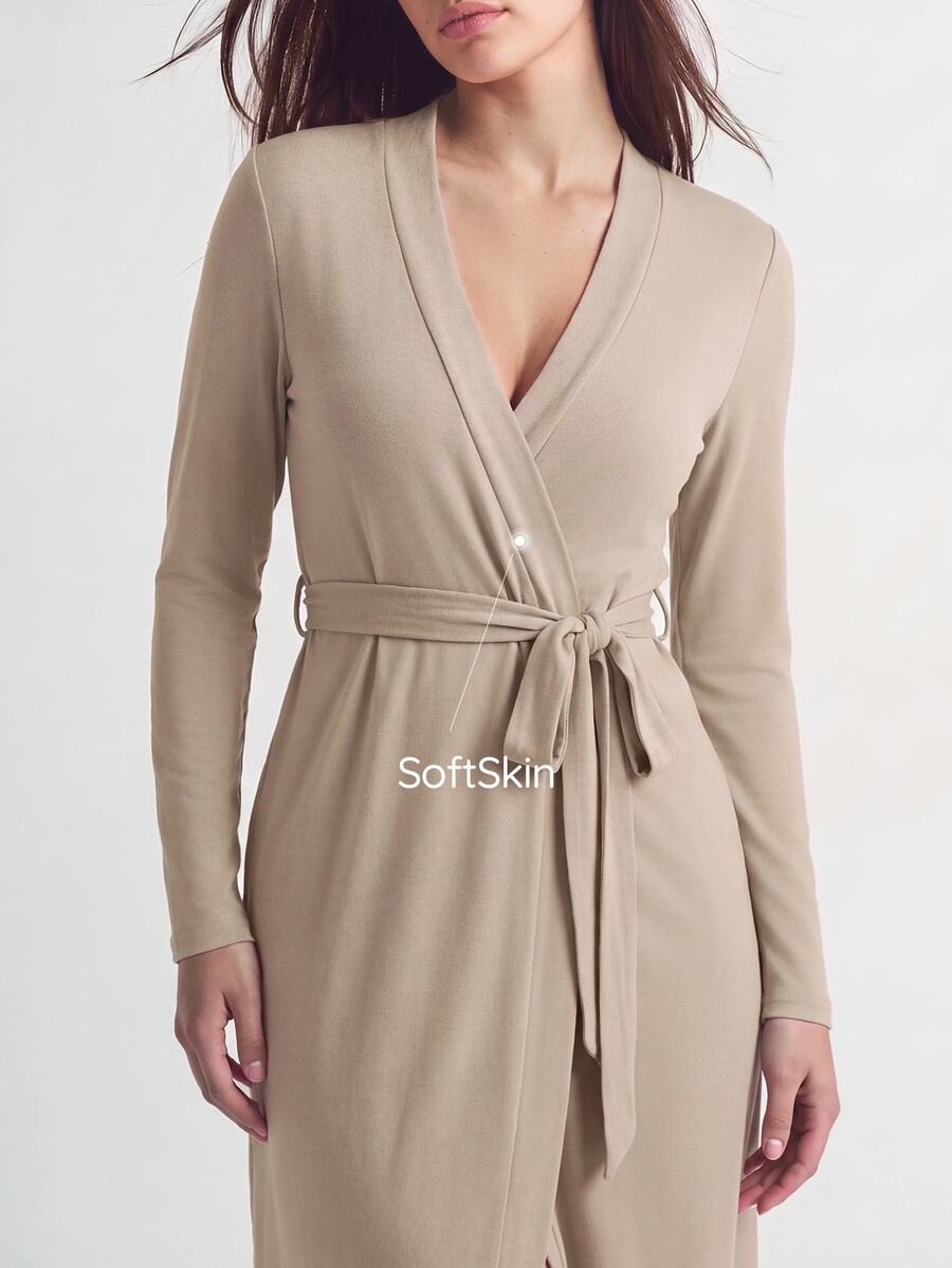 SHAPORA Apricot Deep V Neck Belted Loungewear Robe For Women Casual Thigh Length, Fall & Winter, Cozy Outfits - Apricot - View 1