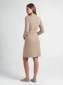 SHAPORA Apricot Deep V Neck Belted Loungewear Robe For Women Casual Thigh Length, Fall & Winter, Cozy Outfits - Apricot - View 2