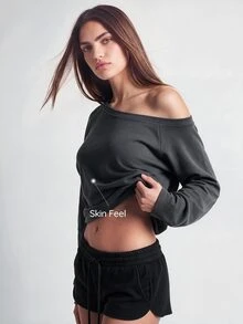 SHAPORA Women's Casual Off-Shoulder Pajama Top - Dark Grey - View 7