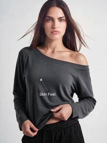 SHAPORA Women's Casual Off-Shoulder Pajama Top - Dark Grey - View 6