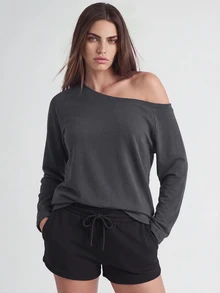 SHAPORA Women's Casual Off-Shoulder Pajama Top - Dark Grey - View 3