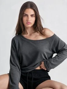 SHAPORA Women's Casual Off-Shoulder Pajama Top - Dark Grey - View 4