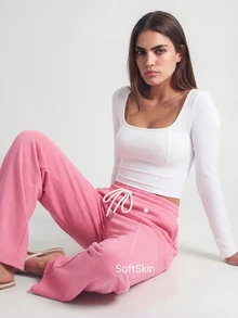 SHAPORA Minimalist Soft Long Sleeve Top & Slimming High Waist Wide Leg Pants Women's Pajama Set - Multicolor - View 1