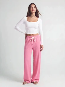 SHAPORA Minimalist Soft Long Sleeve Top & Slimming High Waist Wide Leg Pants Women's Pajama Set - Multicolor - View 4