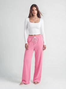 SHAPORA Minimalist Soft Long Sleeve Top & Slimming High Waist Wide Leg Pants Women's Pajama Set - Multicolor - View 3